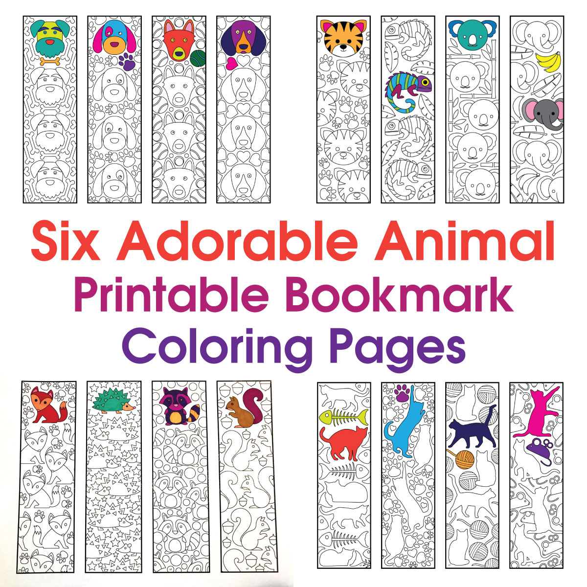 Six adorable animal bookmarks â printable coloring pages â scribble stitch