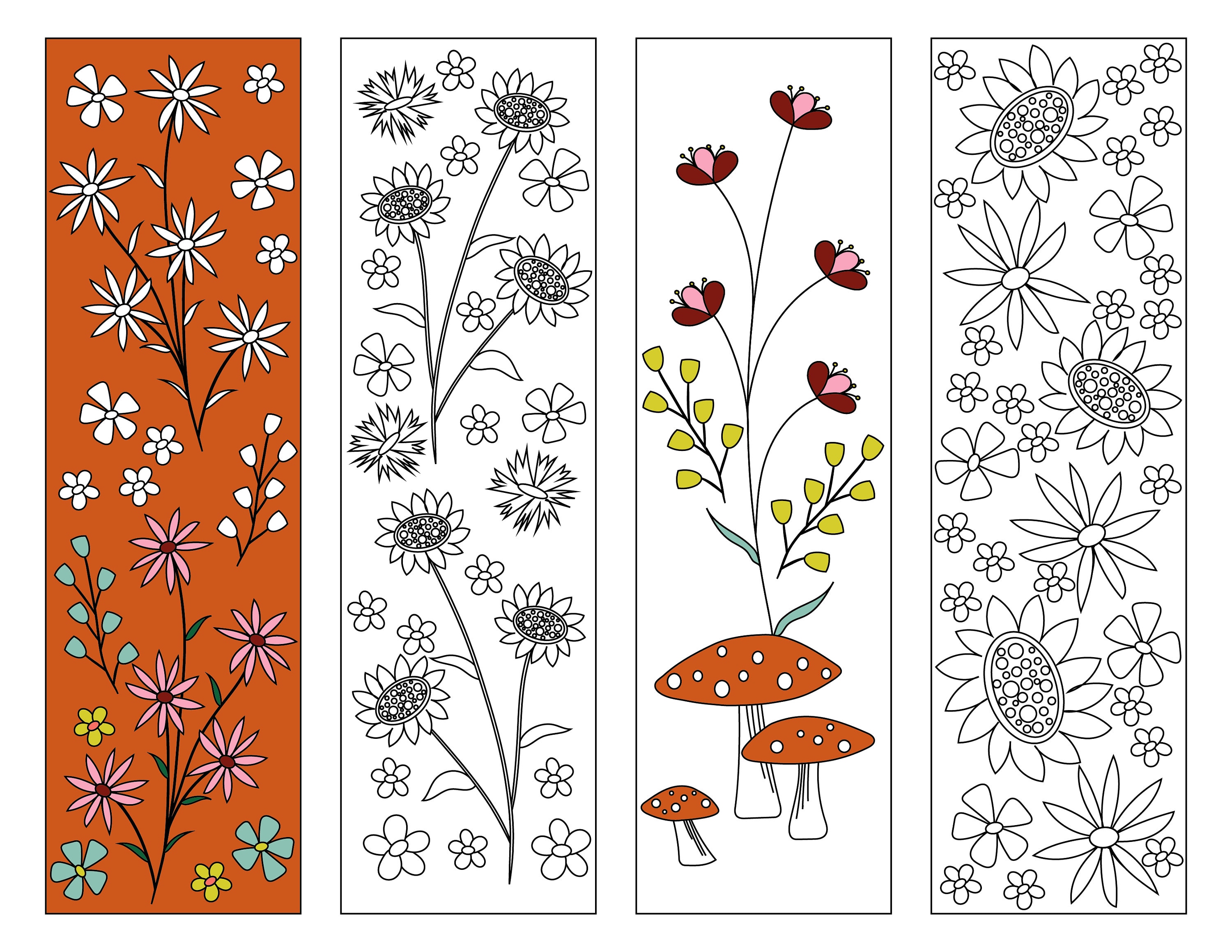 Coloring bookmarks flower adult coloring page pdf garden mushrooms cottagecore therapeutic self care activity printable birthday gift