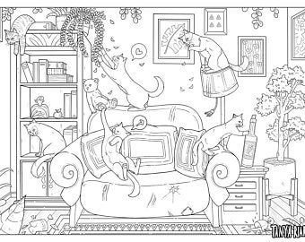 Interior coloring page adult colouring book cats plants aesthetic room dream home bohemian interior boho nordic hygge