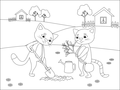 Cats planting a tree coloring page free printable coloring pages