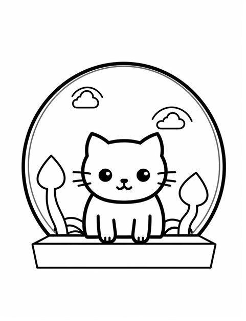 Premium ai image coloring pages of a cat in a bowl with a plant generative ai