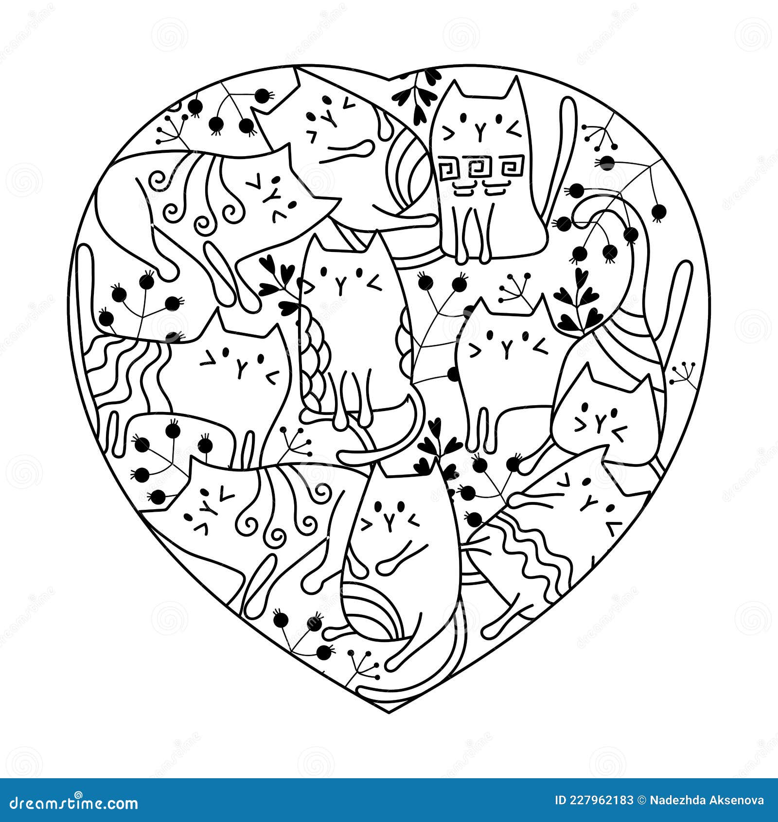 Cute cats coloring book hand drawn heart and animals peta and plants stock vector