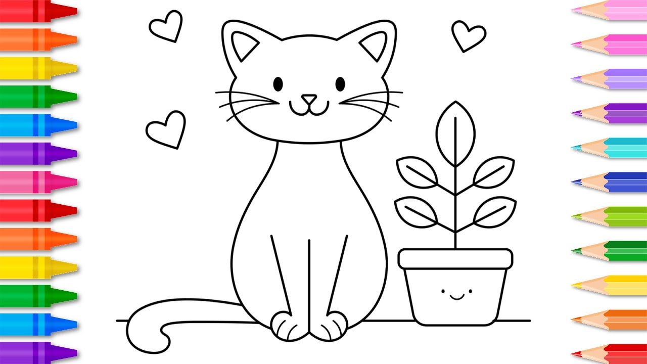 How to draw a cute cat and plant ððªcute cat drawing and coloring page for kids cat coloring book