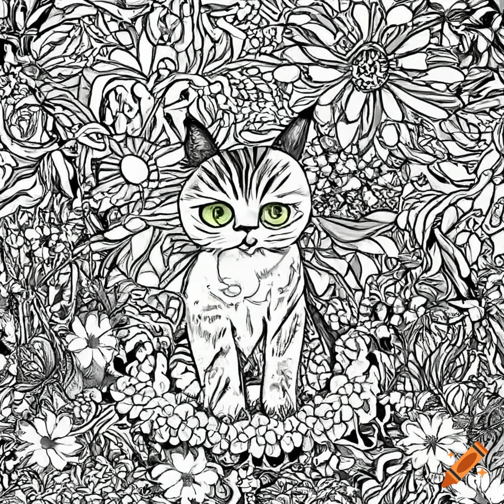 Black and white coloring page with cute animals and plants on