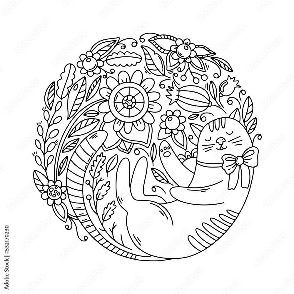 Coloring page with cat and flower garden mandala with animal and plants vector