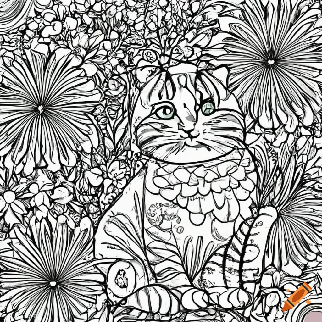 Black and white coloring page with cute animals and plants on