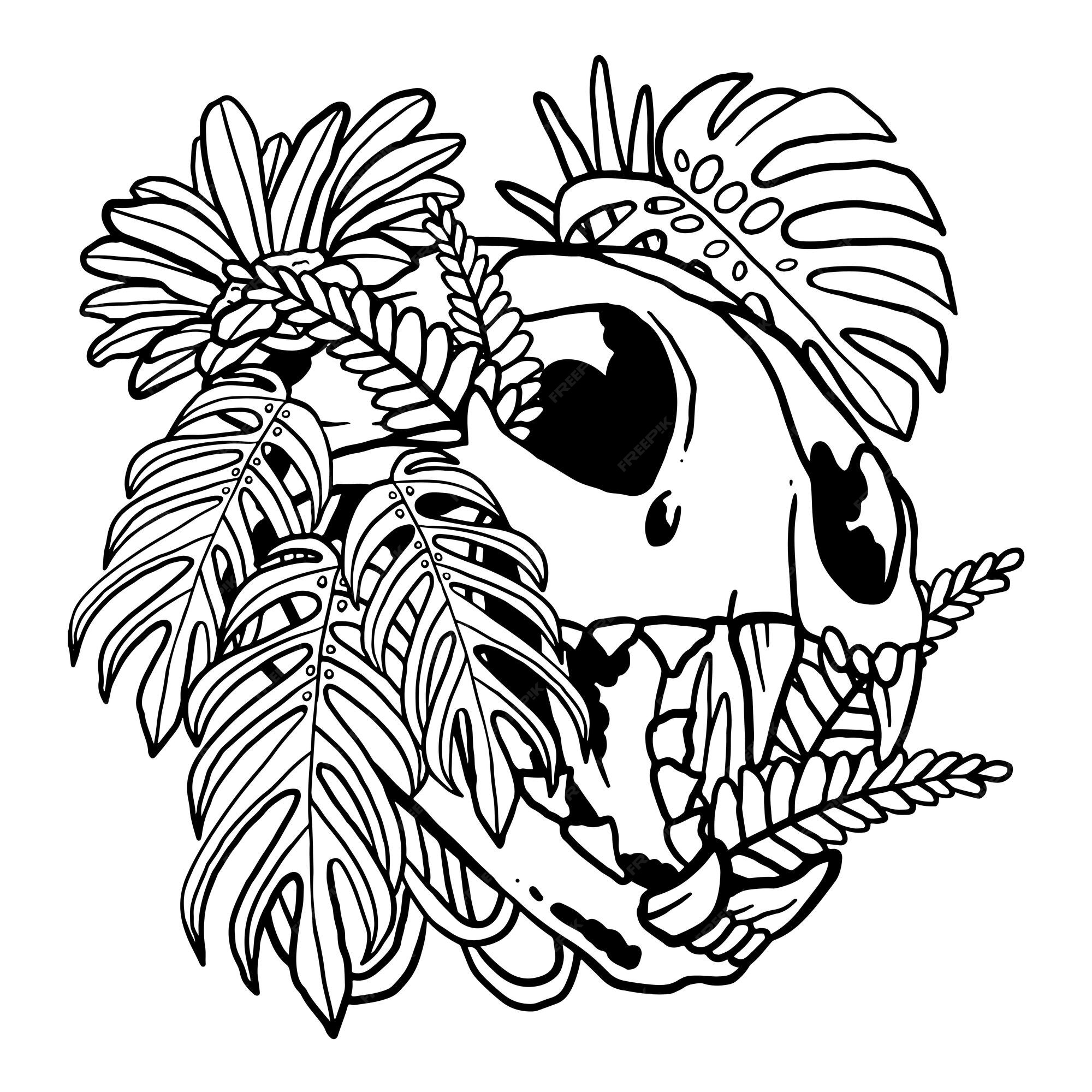 Premium vector floral aroid tropical plant cat skull illustration coloring page