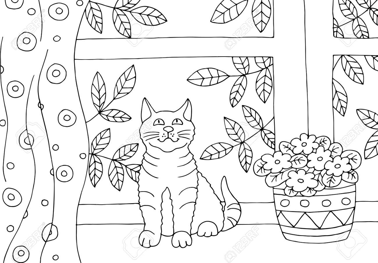 Hand drawn coloring page for children and adults with a cat and a flower pot on the windowsill royalty free svg cliparts vectors and stock illustration image