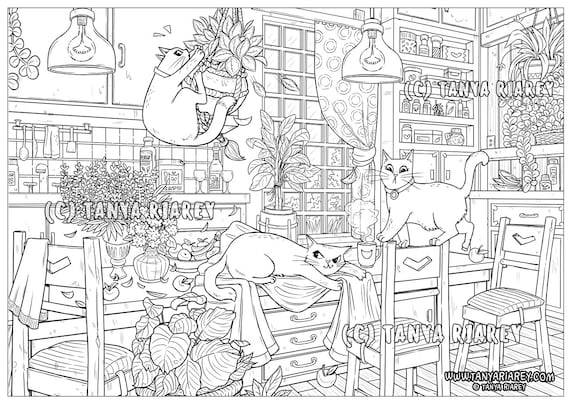 Cat coloring page interior colouring adult colouring book cute cats plants dream home modern interior design