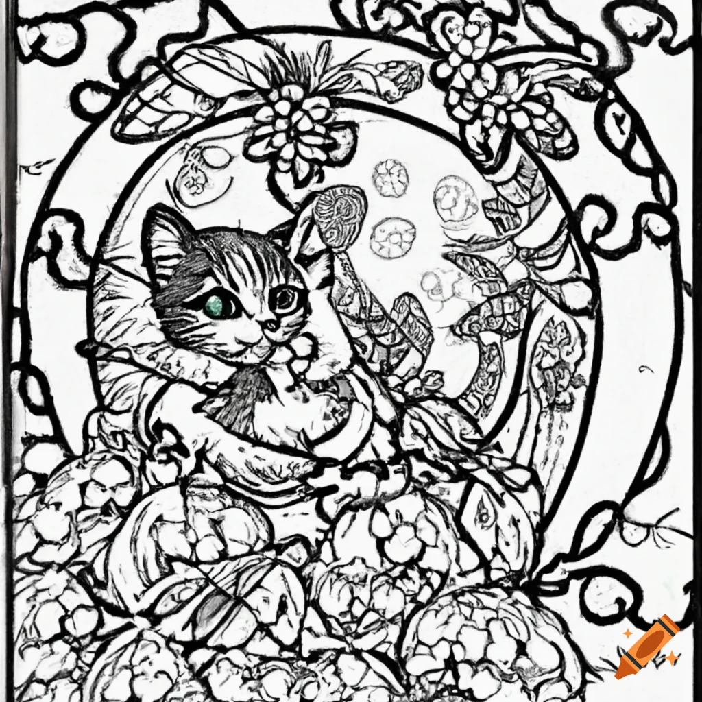 Black and white coloring page with cute animals and plants on