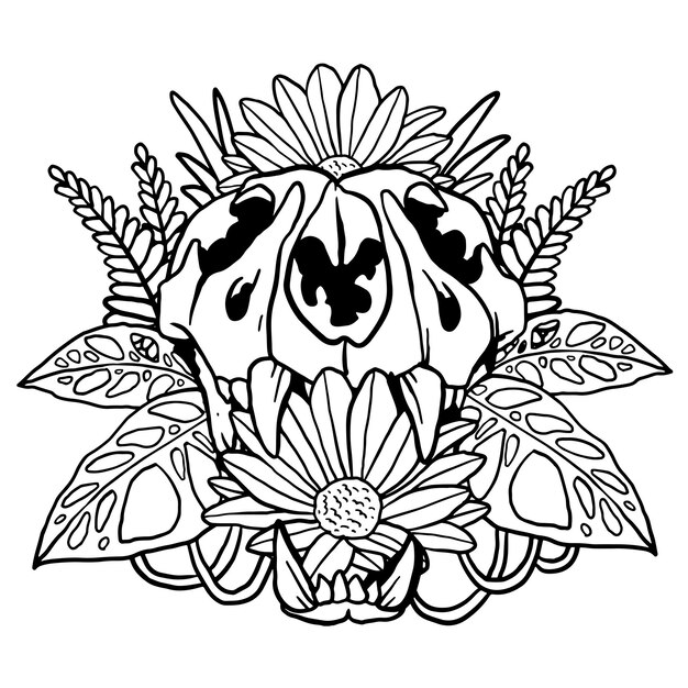 Premium vector floral aroid tropical plant cat skull illustration coloring page