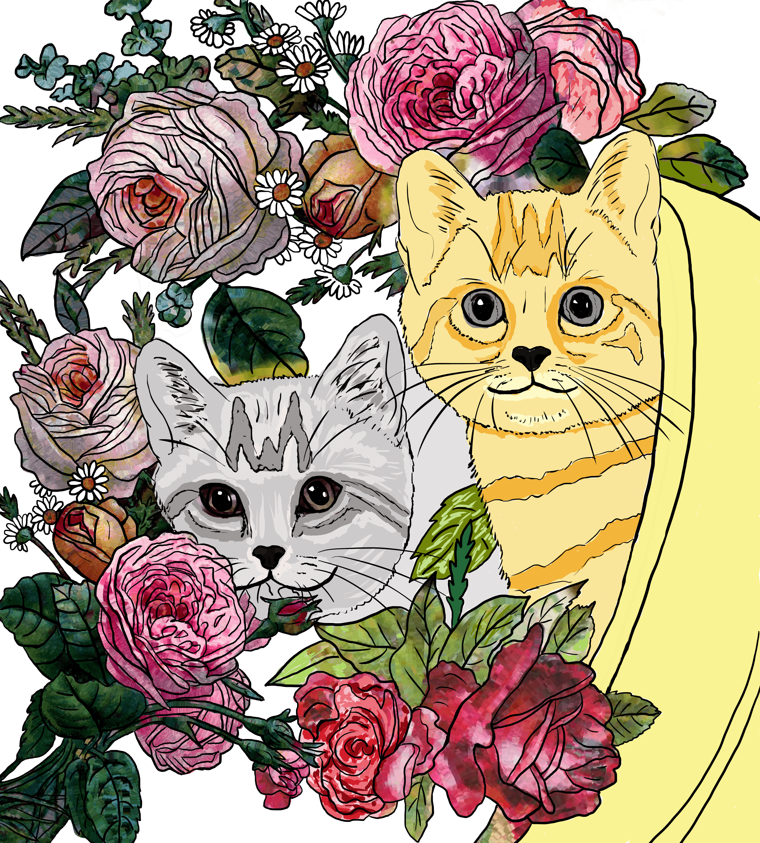 Buy now cats and flowers coloring book pagetwo kittens in a pot with flowers