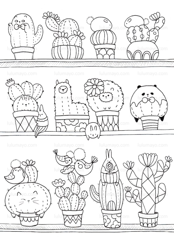 Super cute animal cactus llama cat bird bear rabbit plant coloring page lulu mayo instant digital download