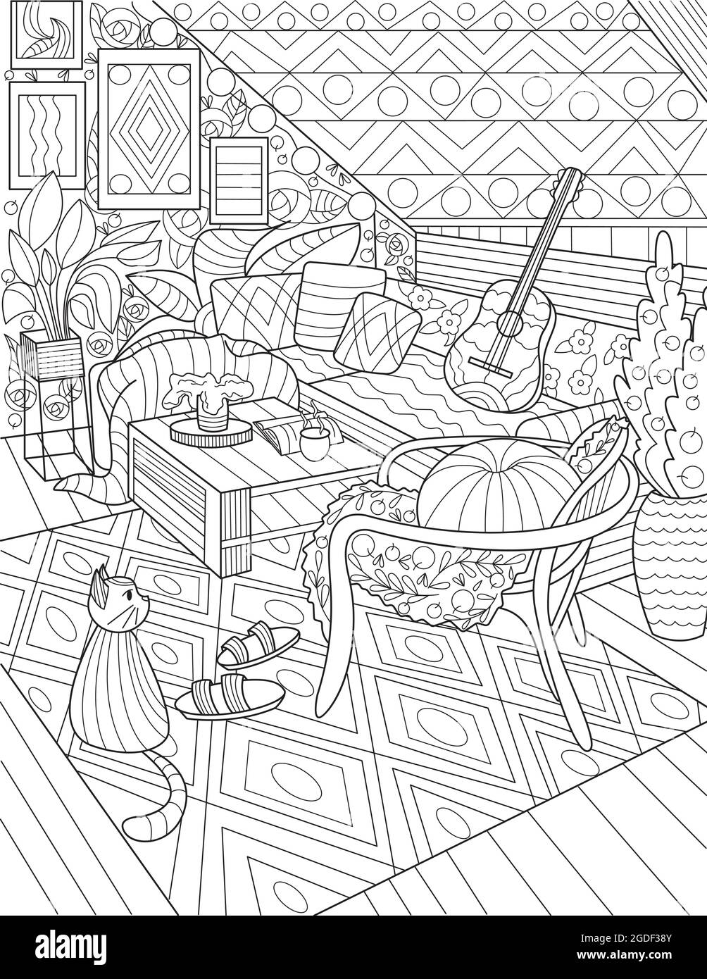 House living room line drawing with chairs center table couch guitar plants cat carpet home mon area with furnitures coloring book page stock vector image art