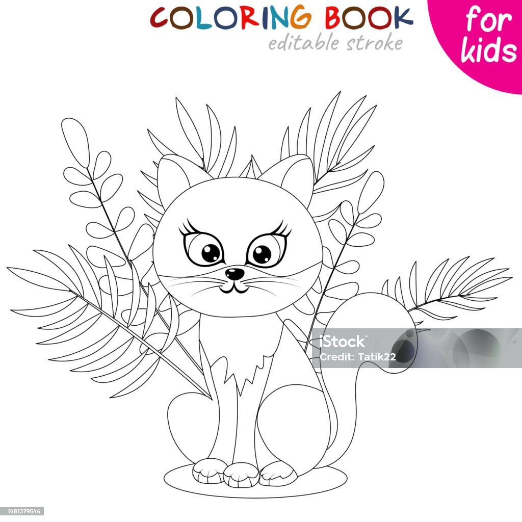 Cat is sitting on a background of plants coloring book page template for children stock illustration