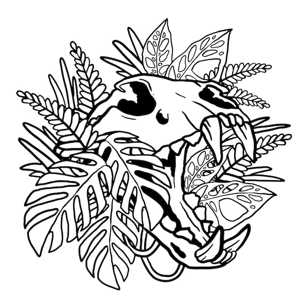 Premium vector floral aroid tropical plant cat skull illustration coloring page