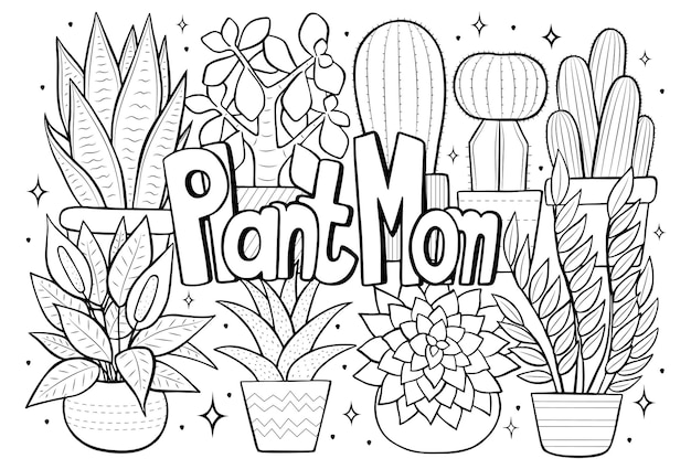 Premium vector plant mom anti stress coloring page with set of succulents plants and cactuses hand drawn line art for plant lovers converted to vector