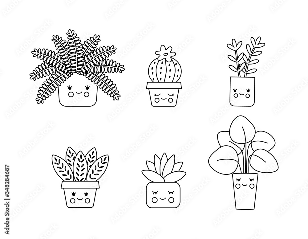 Simple coloring book for children with kawaii flowers set collection of plants in pots contour silhouette of indoor domestic plants with eyes funny cute vector illustration vector