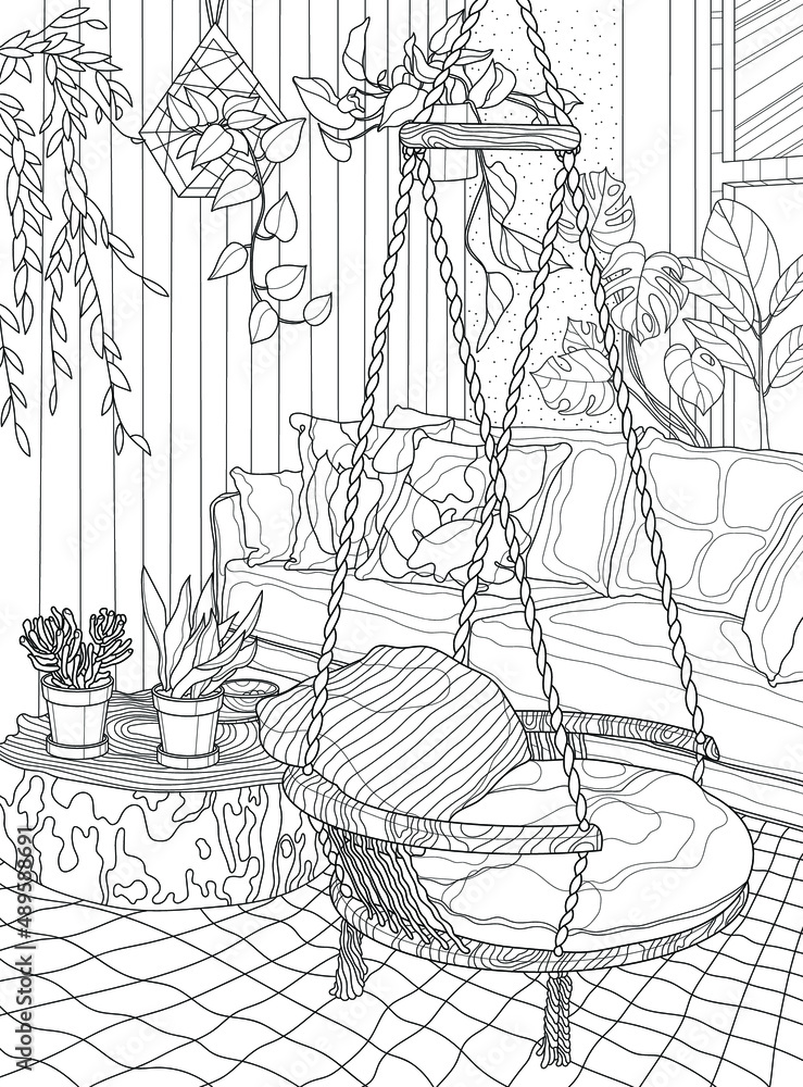 Recreation area interior with swing and plants coloring book for adults the interior of the room black and white illustration vector