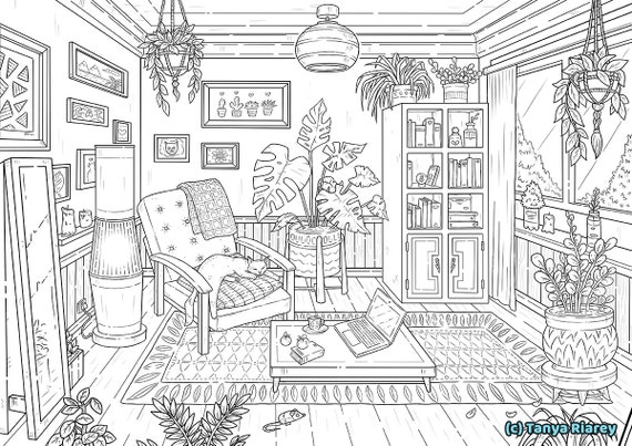 Interior coloring page adult colouring book cats plants aesthetic room dream home bohemian interior boho nordic hygge