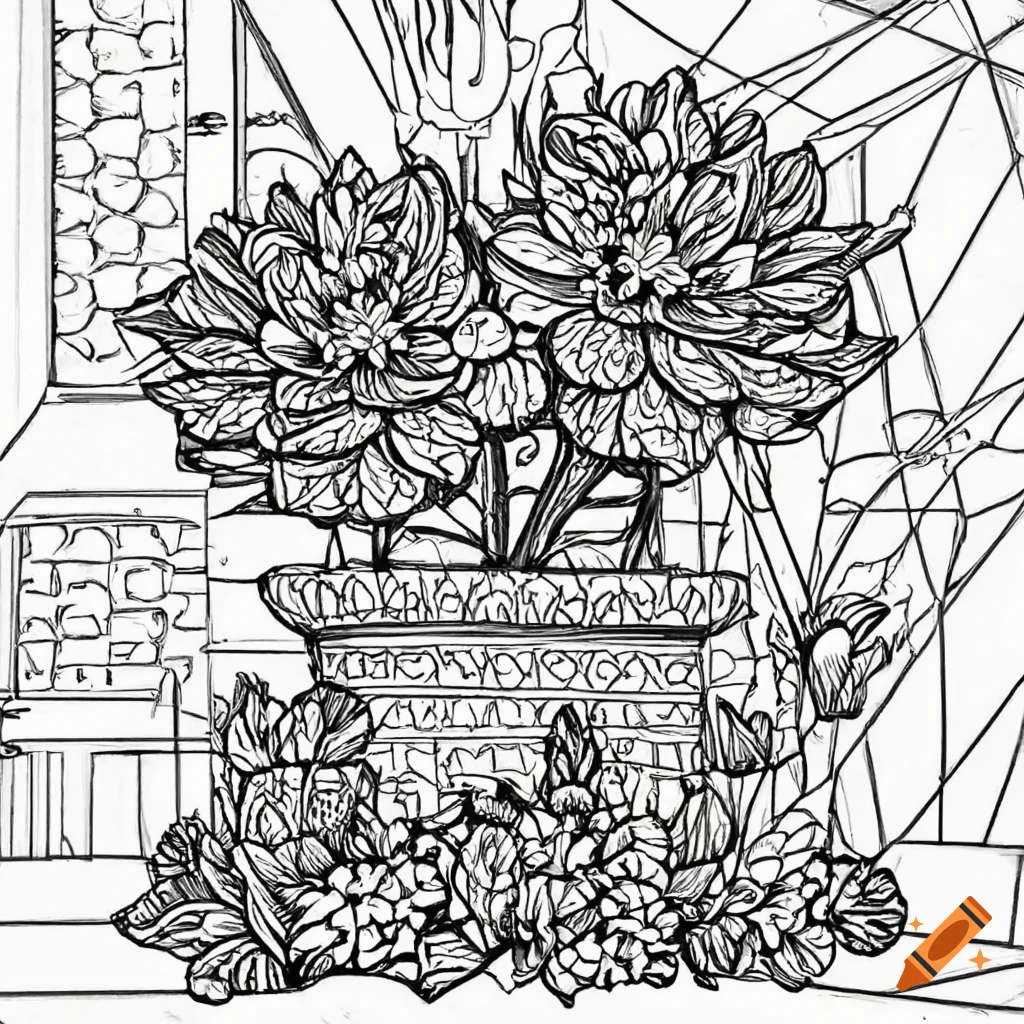 Coloring page for adults flowers and plants on the building cartoon style thick lines no shading low detail on