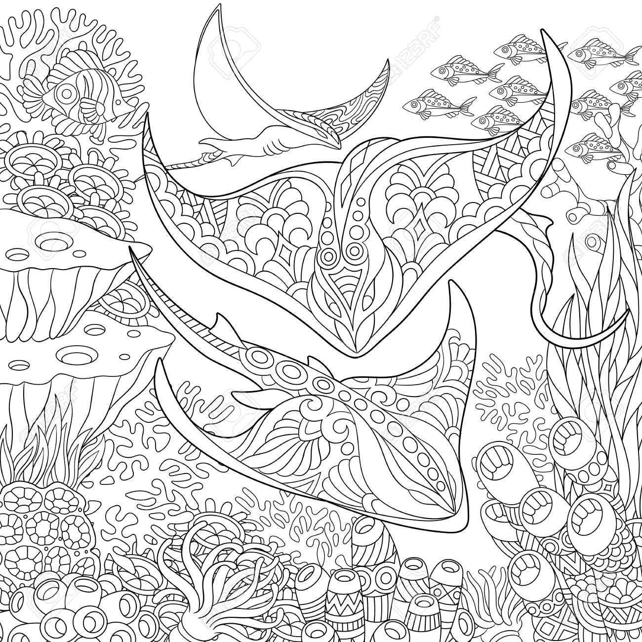 Coloring page adult coloring book idea underwater background with stingray shoal tropical fishes and ocean plants anti