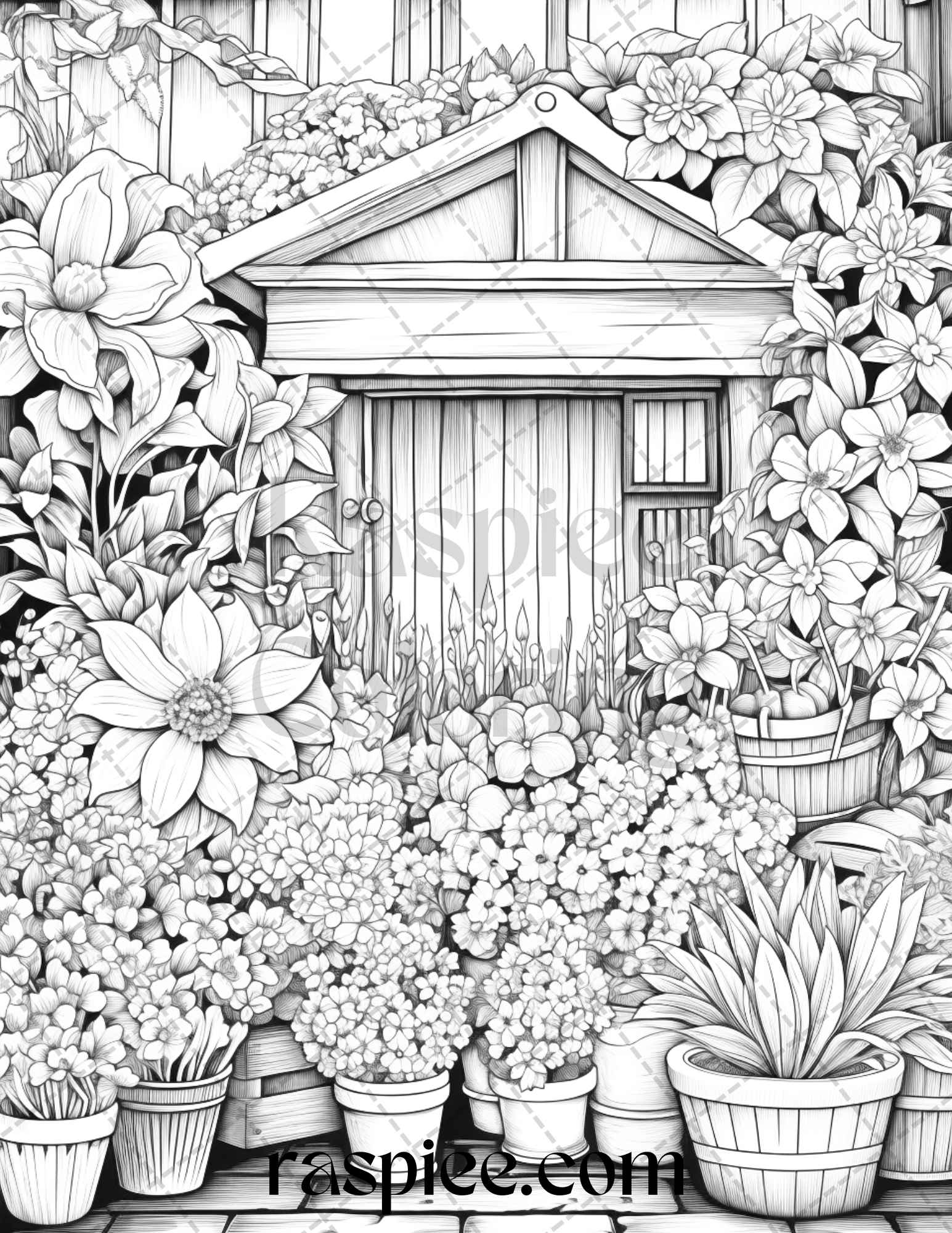 Flower store front grayscale coloring pages printable for adults p â coloring