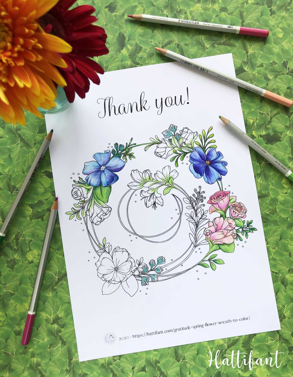 Gratitude spring flower wreath coloring page