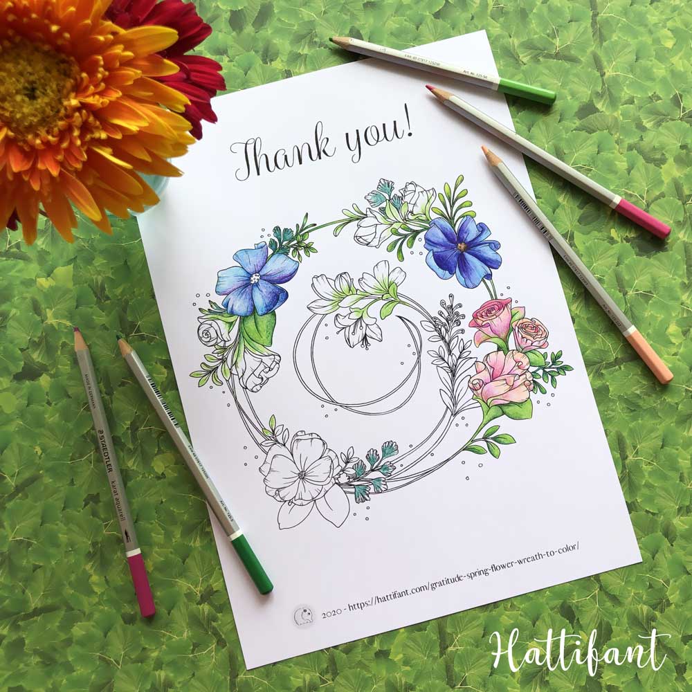 Gratitude spring flower wreath coloring page