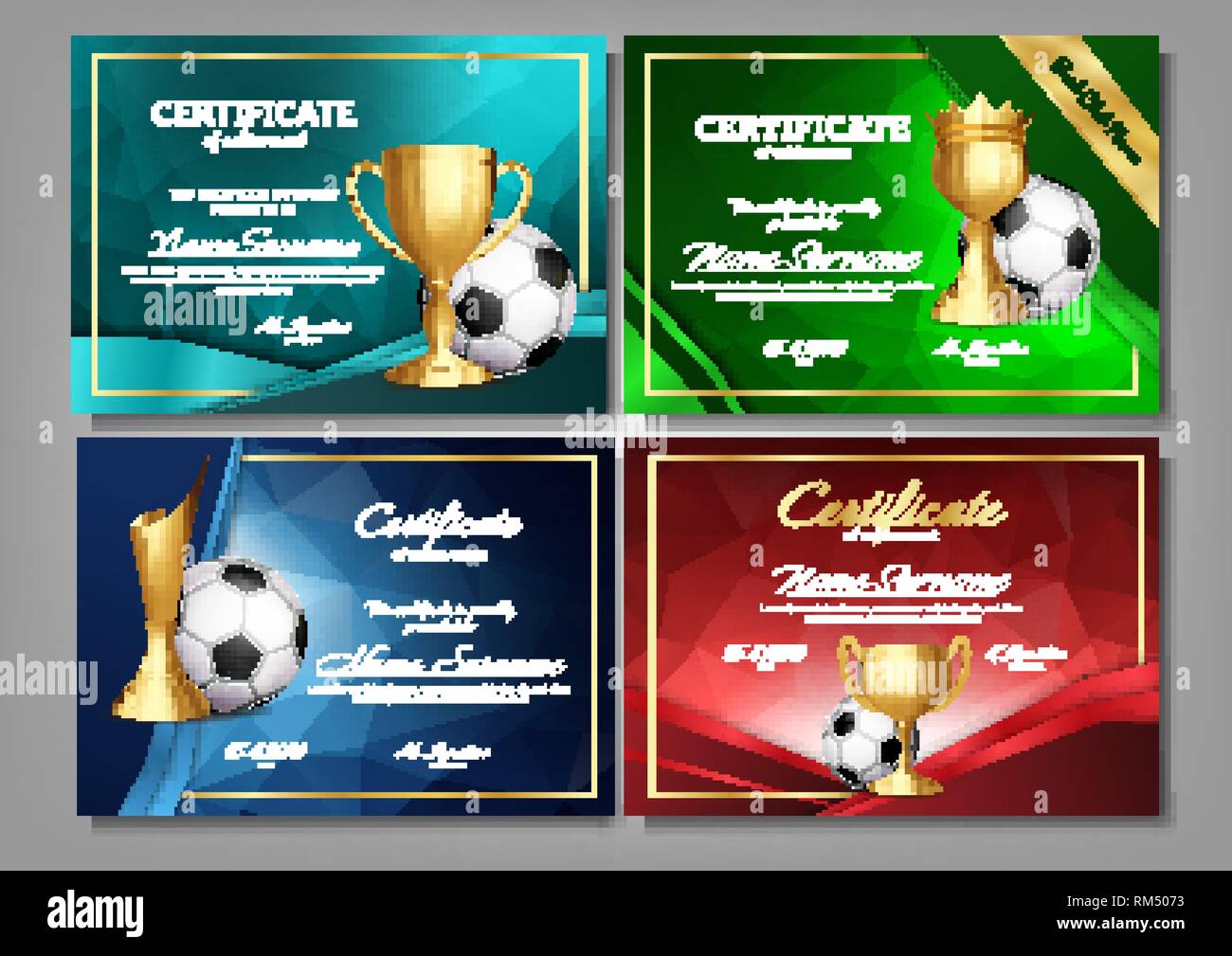 Juego de fãºtbol certificado diploma con golden cup set vector el fãºtbol premio deporte plantilla logro de diseão a la graduaciãn el documento campeãn imagen vector de stock