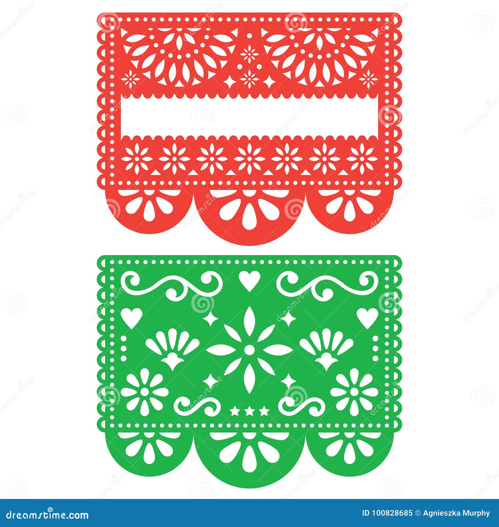 Mexican papel picado vector template design set cutout paper decorations flowers and geometric shapes two party banners stock vector