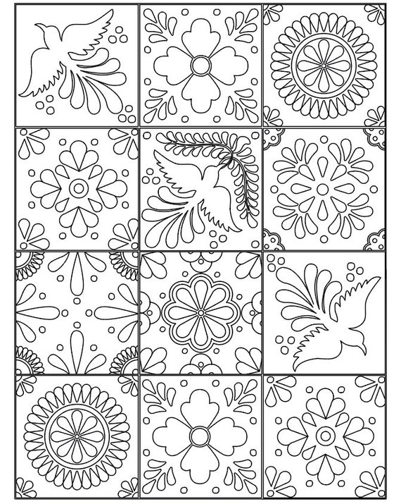 Instant download coloring book page printable adult children coloring page coloring at home activity mexican talavera tiles