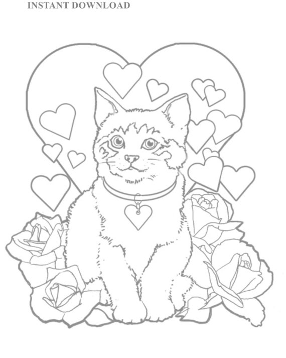 Hoja para colorear de corazones de gato y rosas imprimible descarga instantãnea archivo digital x imprimible san valentãn descarga para colorear para adultos