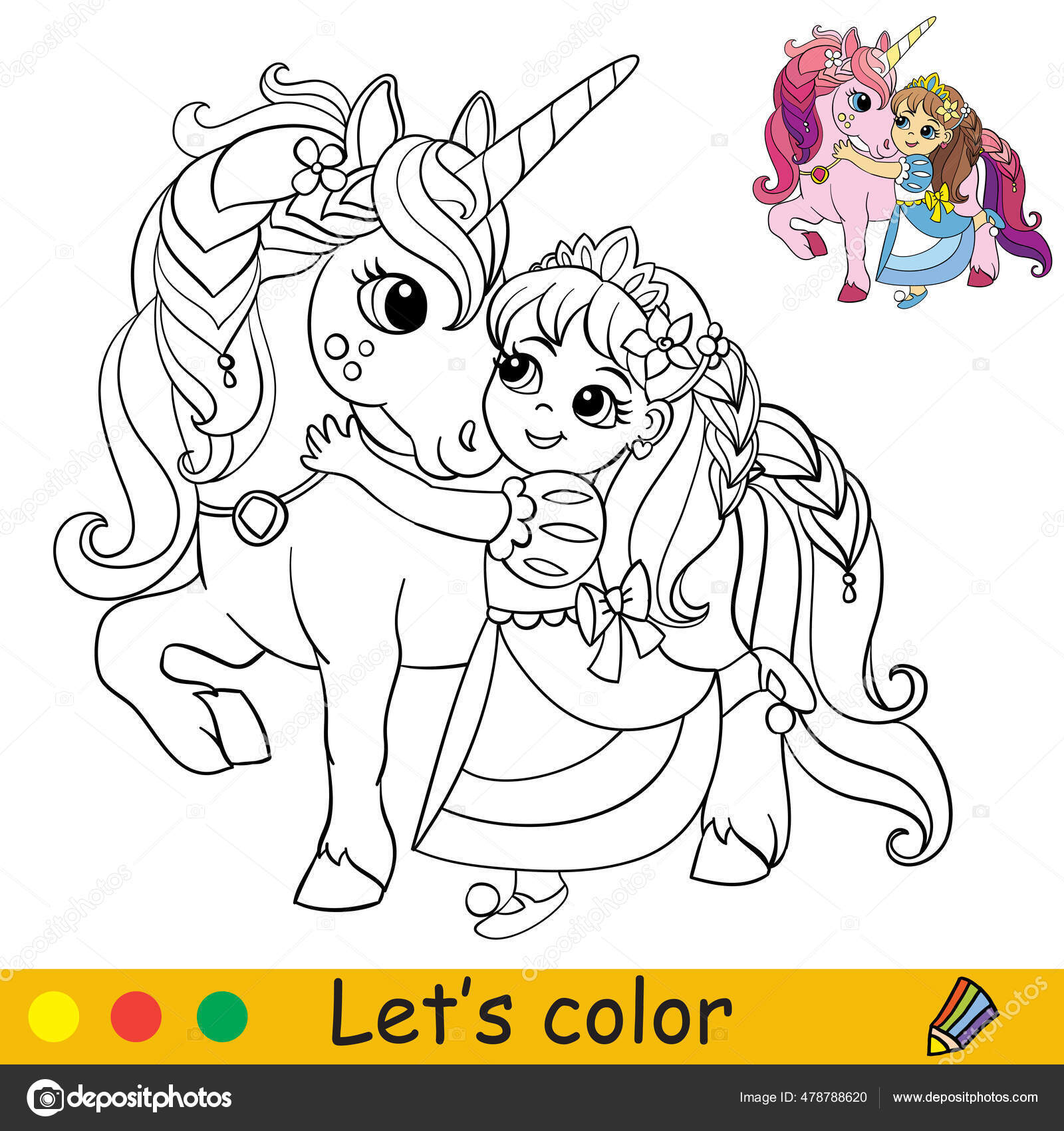 Linda princesita acaricia con unicornio pãgina libro para colorear con vector de stock por alinart