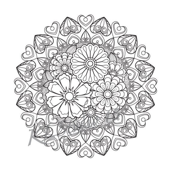 Pãgina para colorear dulces corazones con flores descarga instantãnea relax mandala diseãos para colorear para adultos para imprimir y colorear