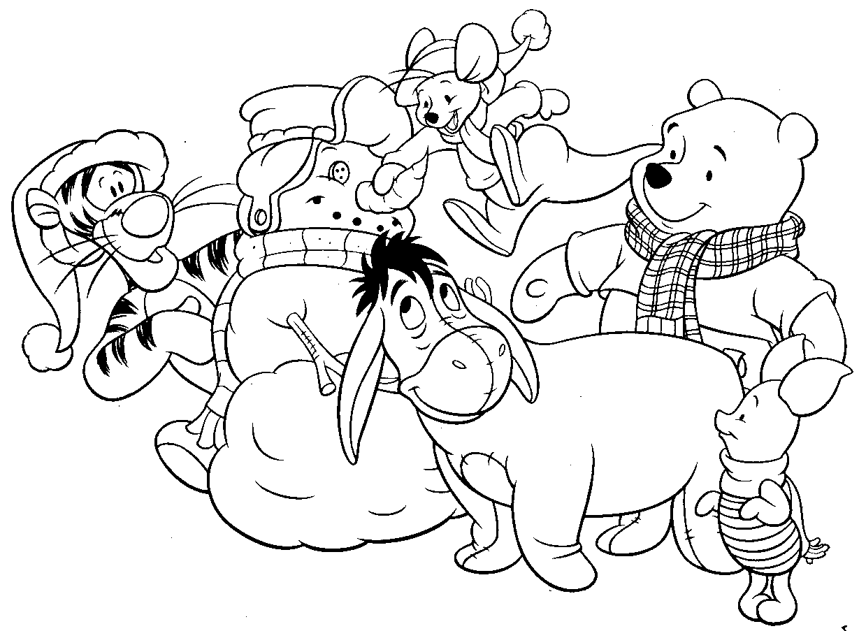 Dibujo para imprimir y colorear de winnie the pooh y sus amigos en navidad