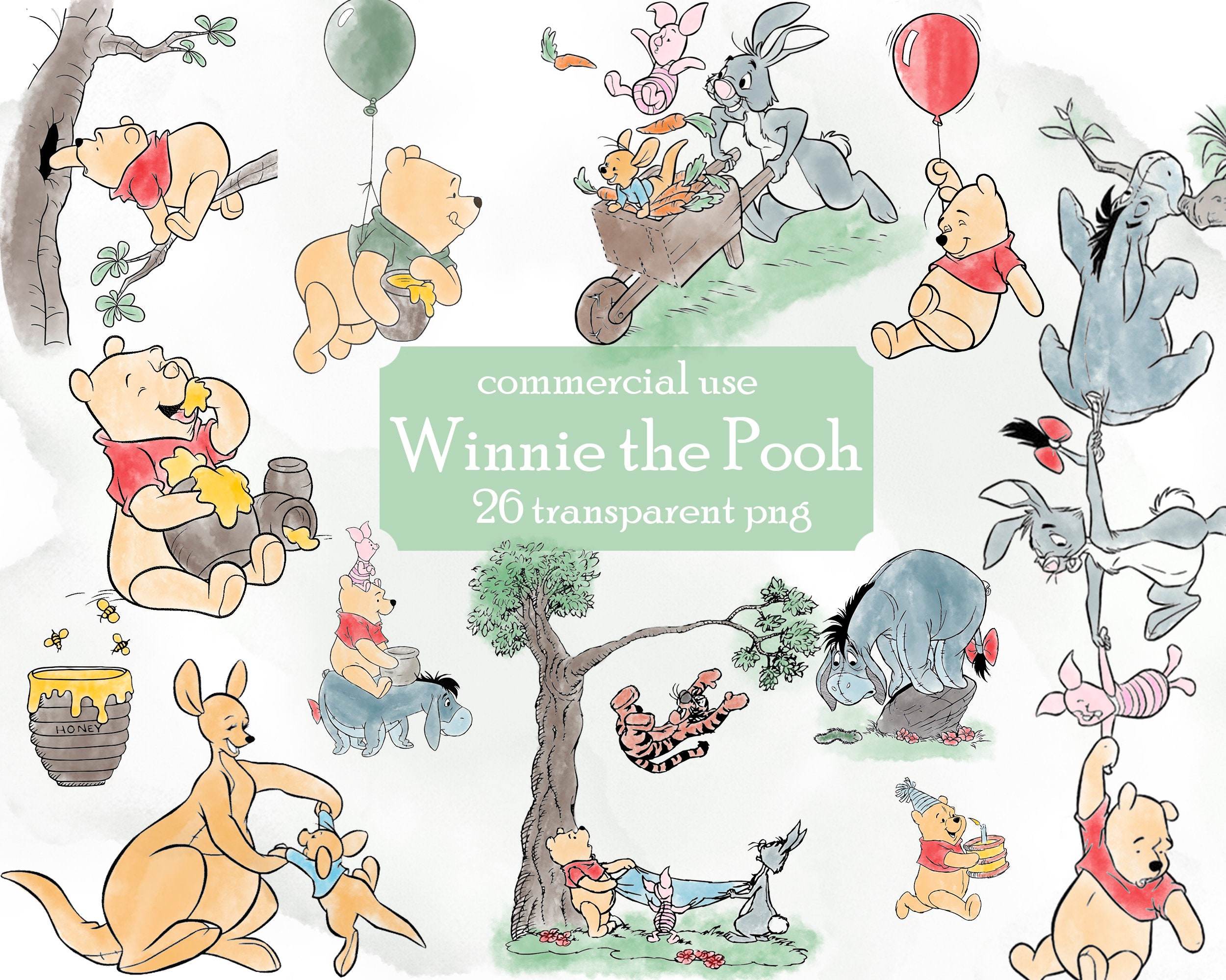 Winnie the pooh clip art png watercolor mercial use pooh baby shower winnie pooh birthday scrapbooking stickers instant download