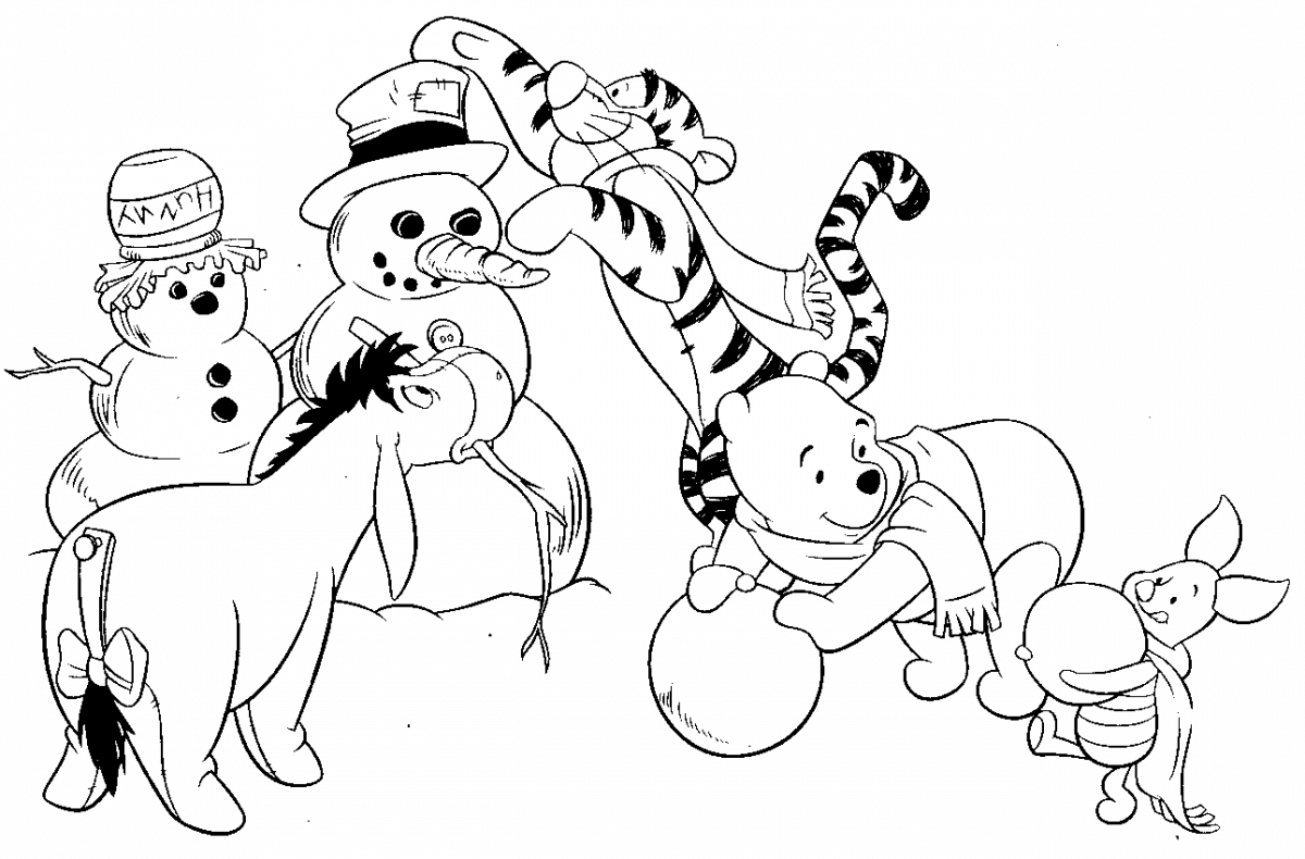 Dibujo para imprimir y colorear de winnie the pooh muãeco de nieve