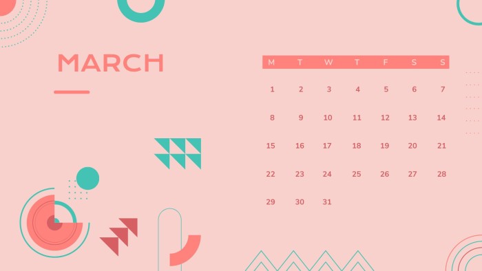 Plantilla gratuita de calendario mensual con formas geomãtricas color coral