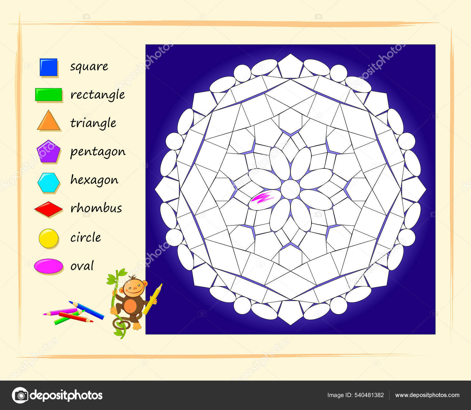 Pãgina educativa para niãos pequeãos color hermoso mandala aprender formas vector de stock por nataljacernecka