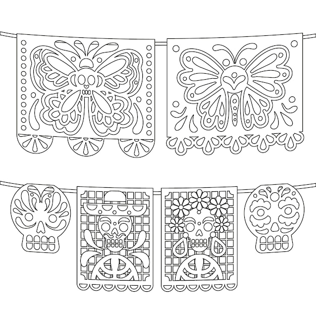 Free vector hand drawn dia de muertos papel picado coloring page illustration