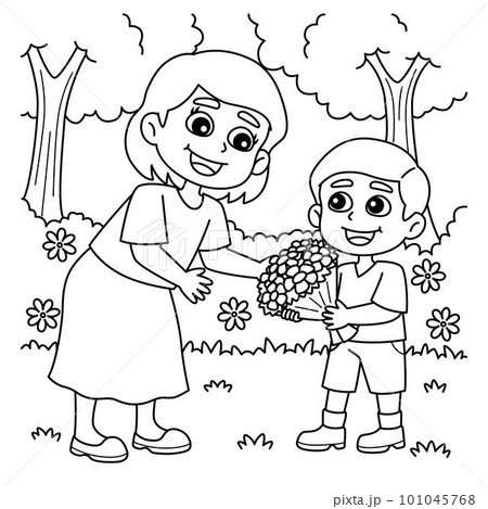 Mothers day child giving flowers coloring page