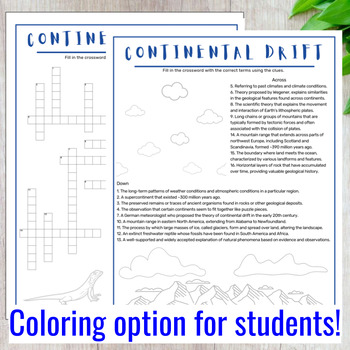 Continental drift crossword puzzle coloring page earth science sub plan