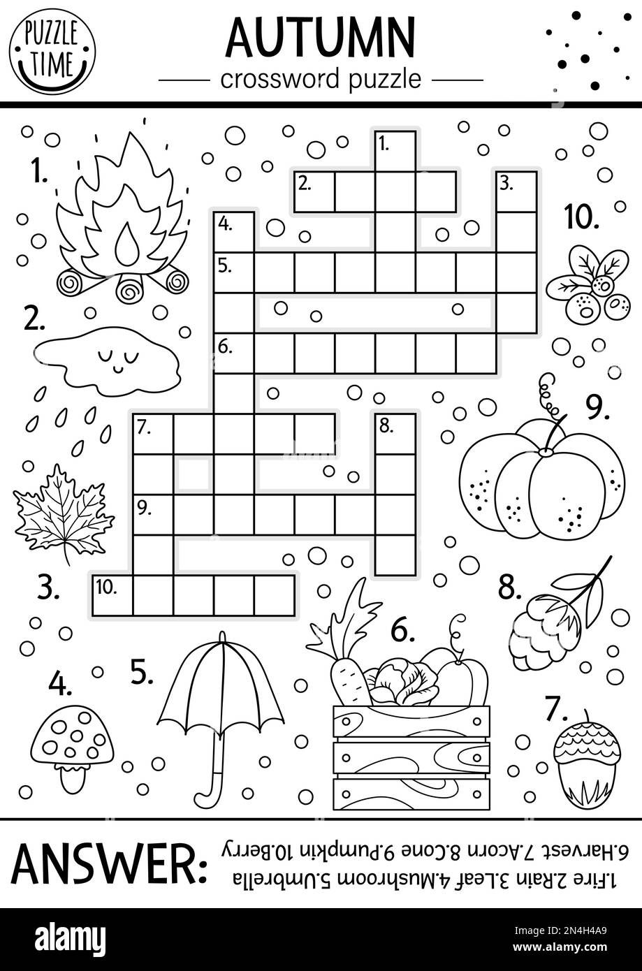 Vector black and white fall season crossword puzzle for kids simple outline quiz with autumn forest objects for children educational activity or col stock vector image art