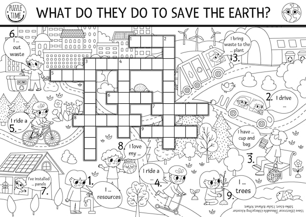 Premium vector vector ecological crossword puzzle for kids black and white earth day quiz with eco city landscape eco awareness educational line activity or coloring page cute environment friendly cross word