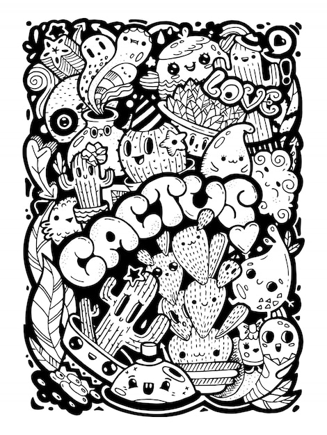 Premium vector doodling kawaii style cute cartoon characters black ink hand drawn illustration and letters love cactus plants isolated doodle kid face and elements coloring page