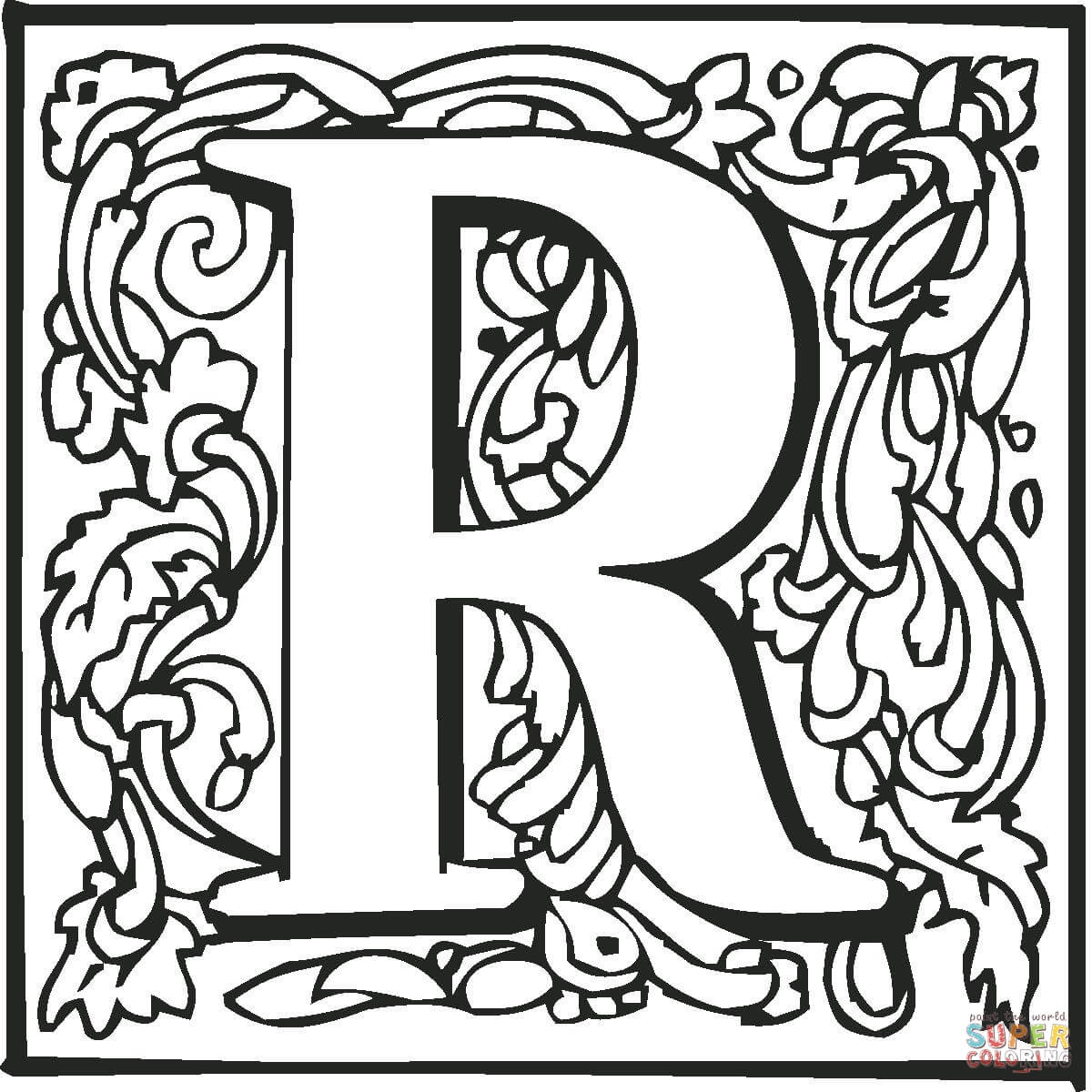 Letter r with plants coloring page