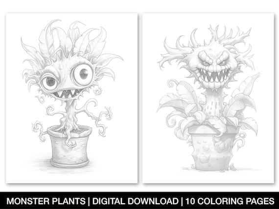 Monster plants digital coloring pages adults and teens colouring book instant download grayscale coloring page printable coloring sheets instant download