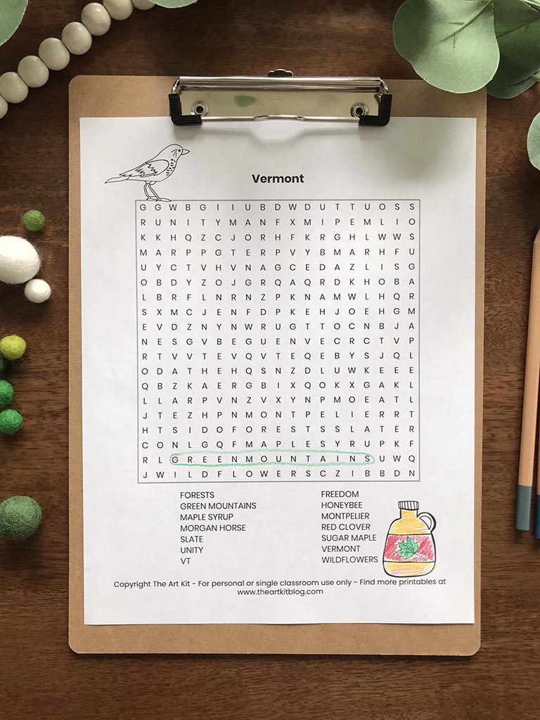 Vermont word search coloring page free printable download â the art kit