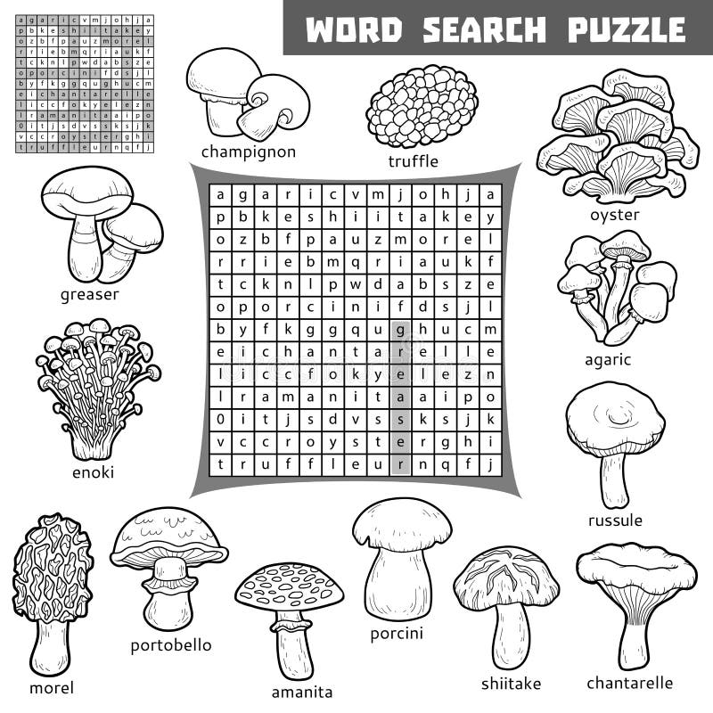 Vector crossword about mushrooms word search puzzle stock vector